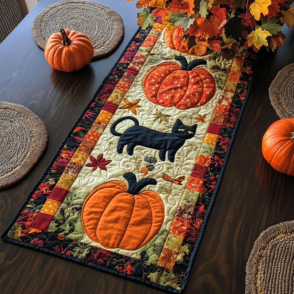 Pumpkin Black Cat Quilted Table Runner Spooky Centerpiece Black Cat Gifts For Her Pumpkin Black Cat Quilted Table Runner Spooky Centerpiece Black Cat Gifts For Her