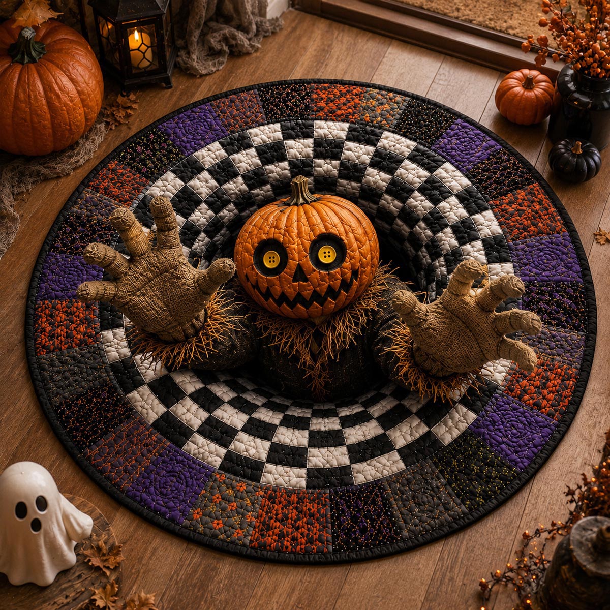 Pumpkin Breakout Quilted Round Mat Living Room Furnishing Ideas Family Halloween Gifts