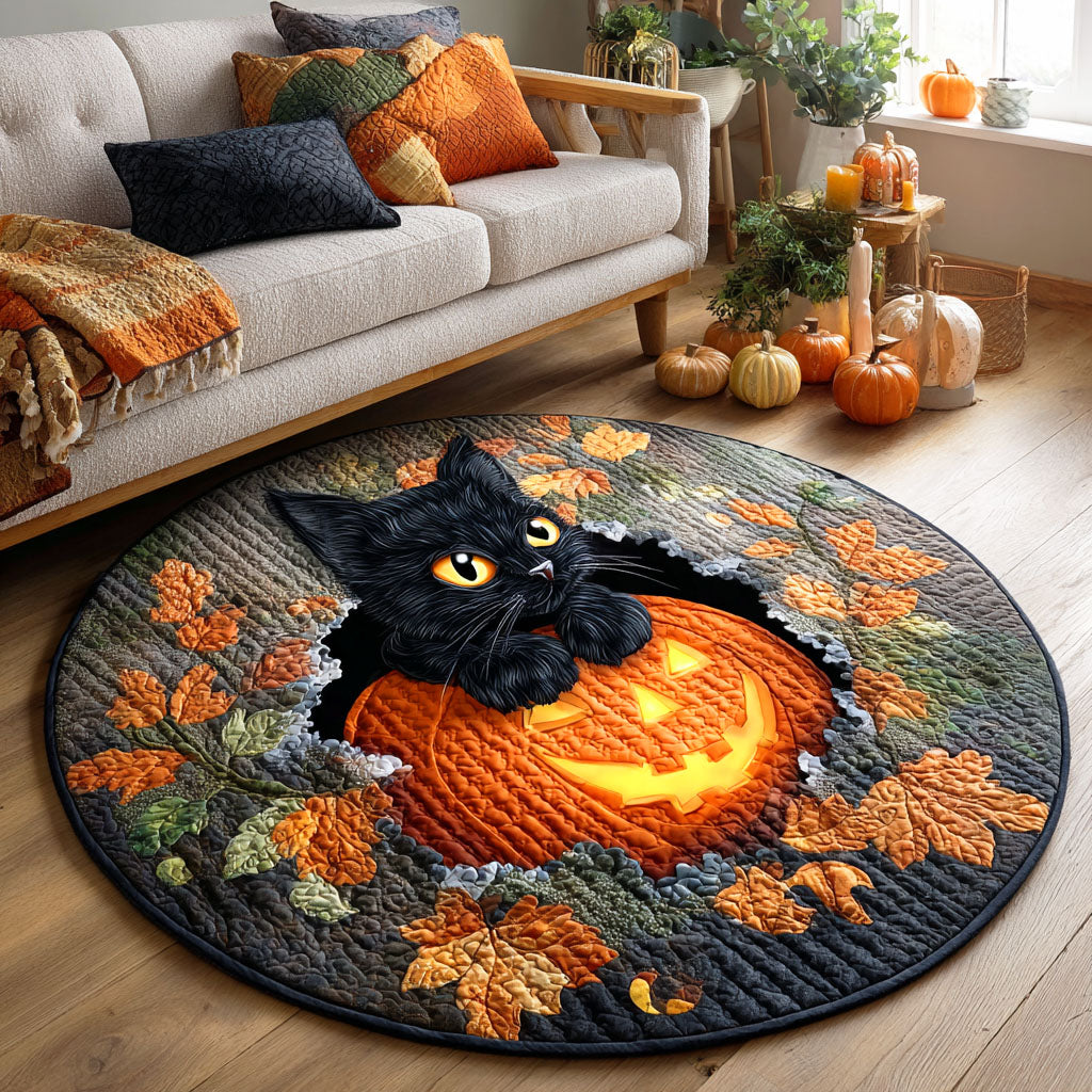 Pumpkin Cat Glow Quilted Round Mat Indoor Decorations For Halloween Black Cat Presents