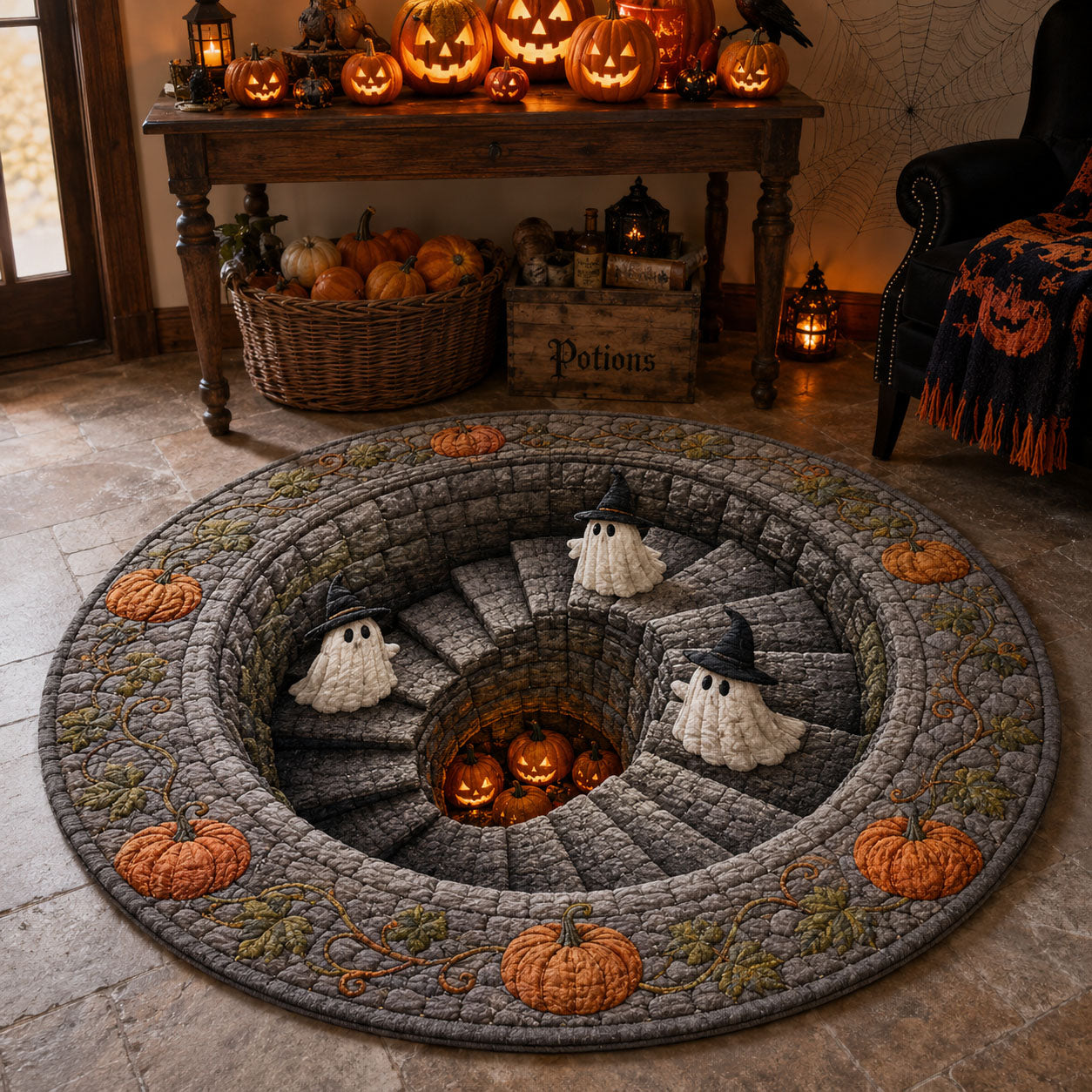 Pumpkin Descent Quilted Round Mat Mat Circle Gifts For Halloween Lovers