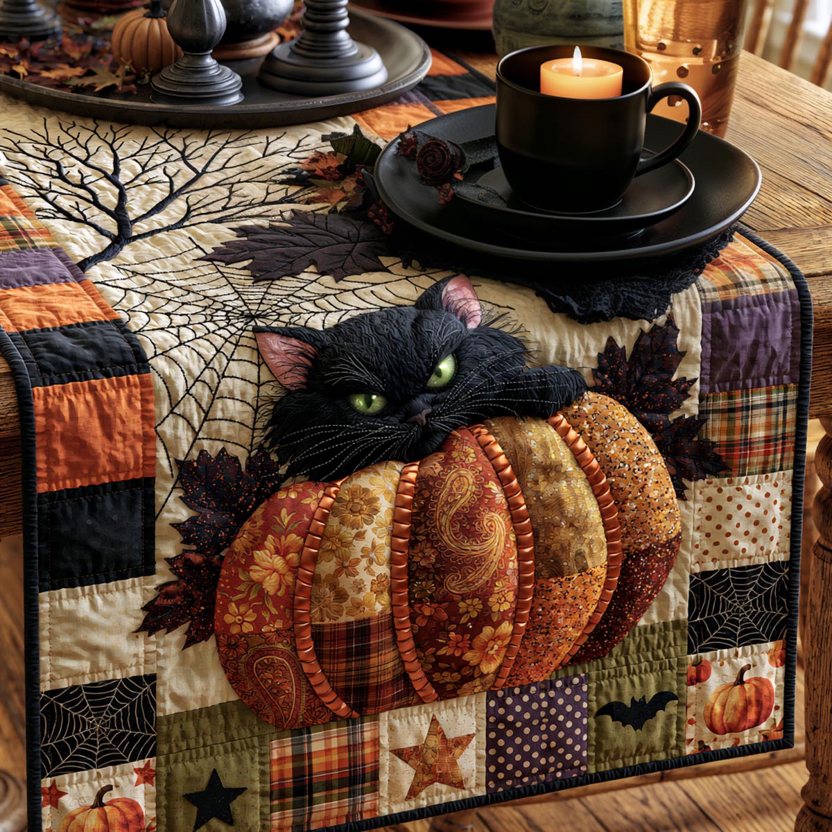 Pumpkin Familiar Quilted Table Runner Scary Table Decorations Gifts For Black Cat Lovers