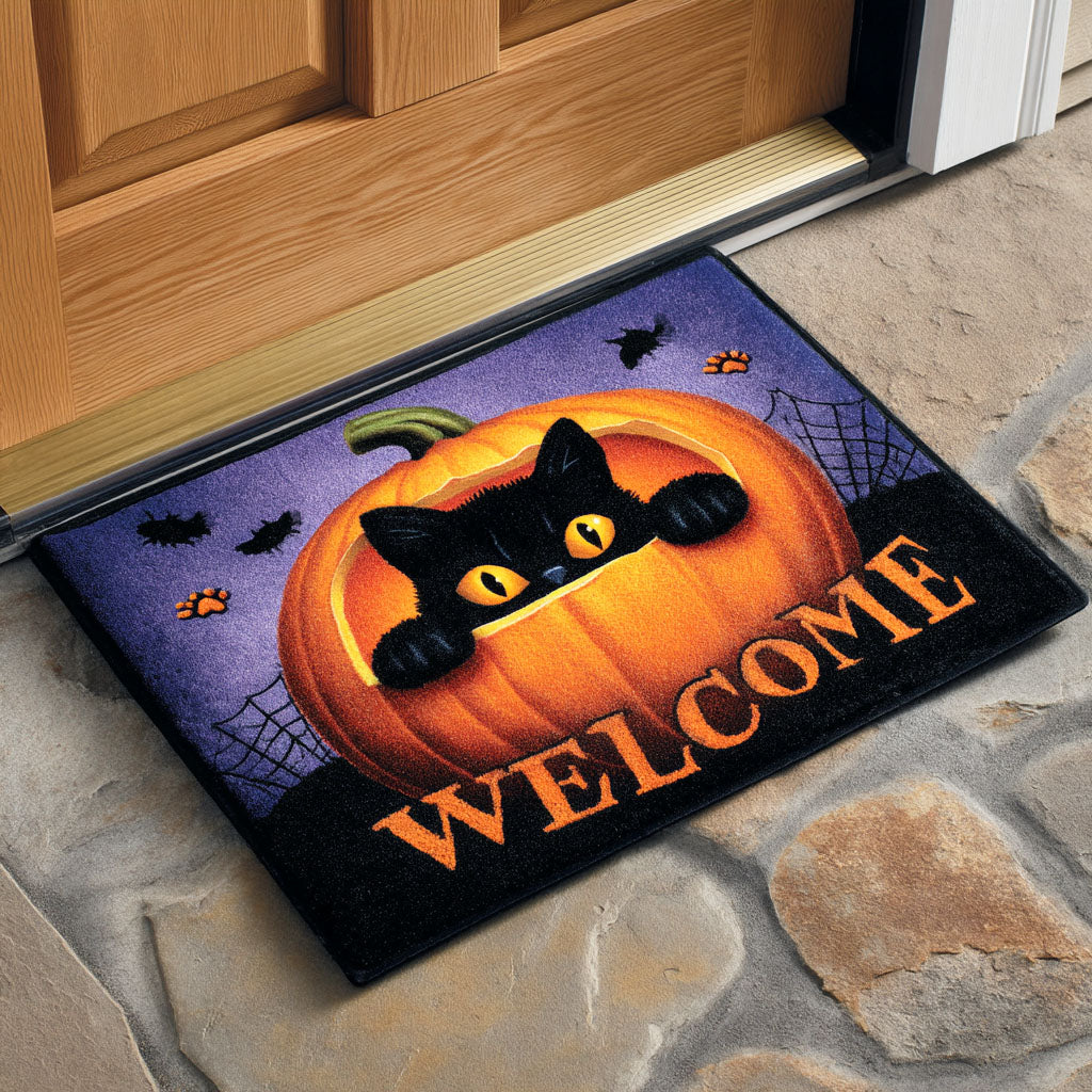 Pumpkin Gate Keeper Doormat Cat Halloween Mats Fall Porch Decor Gift For Cat Lovers