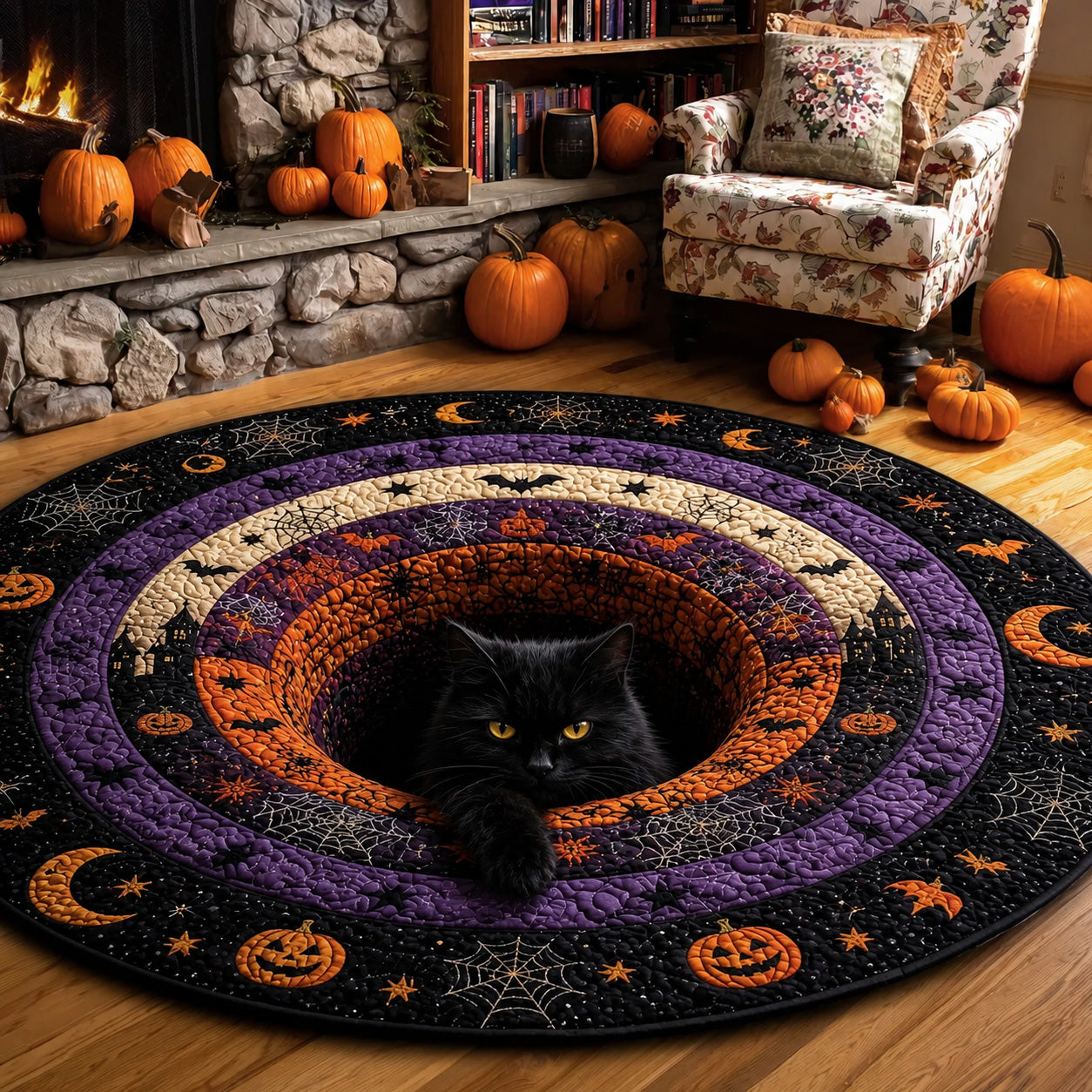 Pumpkin Hearth Quilted Round Mat Creepy Halloween House Decorations Spooky Gifts