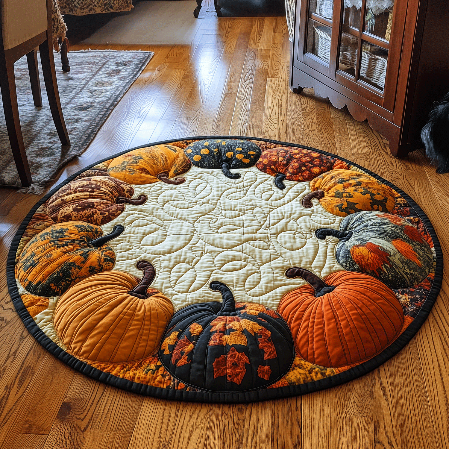 Pumpkin Magic Quilted Round Mat Large Circle Rug Halloween Family Gifts