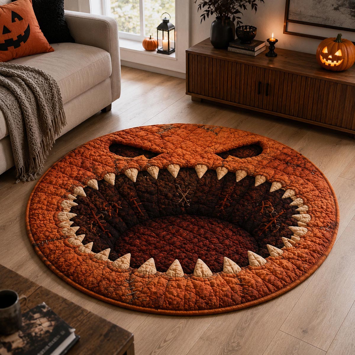 Pumpkin Maw Quilted Round Mat Living Room Design Good Gifts For Halloween