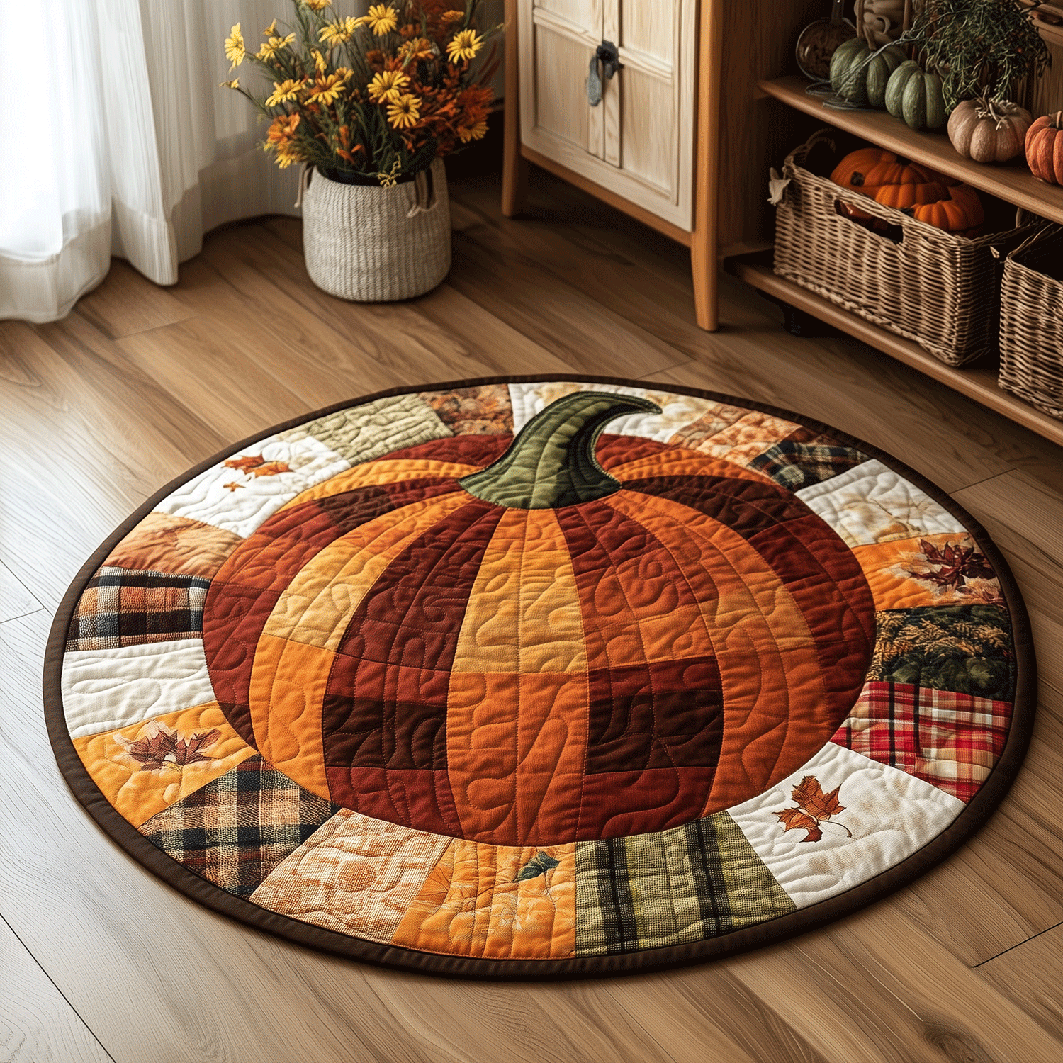 Pumpkin Row Quilted Round Mat Halloween Room Decor House Warming Idea