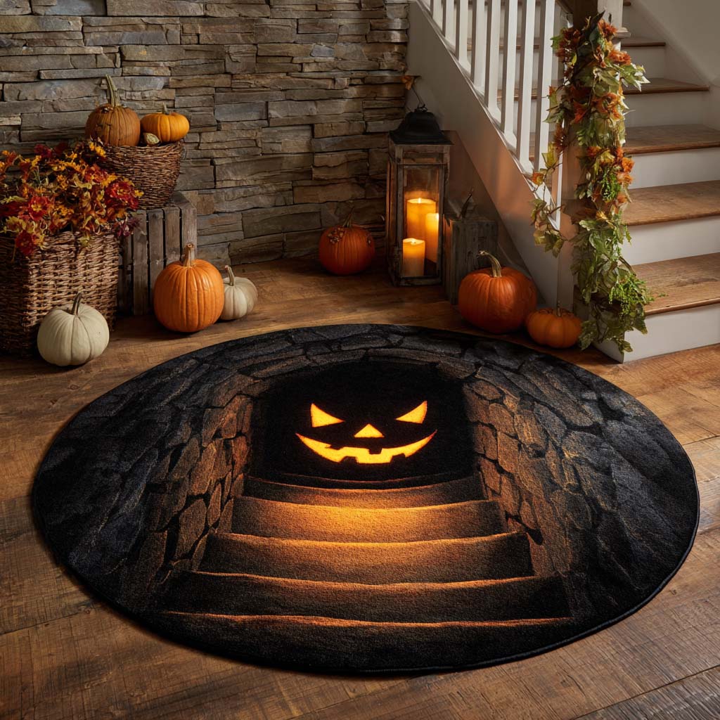 Pumpkin Stair Descent Quilted Round Mat Indoor Decorations For Halloween Top Housewarming Gifts
