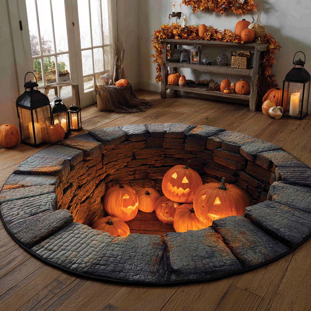 Pumpkin Well Gathering Quilted Round Mat Round Area Rug Living Room Gift Halloween Pumpkin Well Gathering Quilted Round Mat Round Area Rug Living Room Gift Halloween