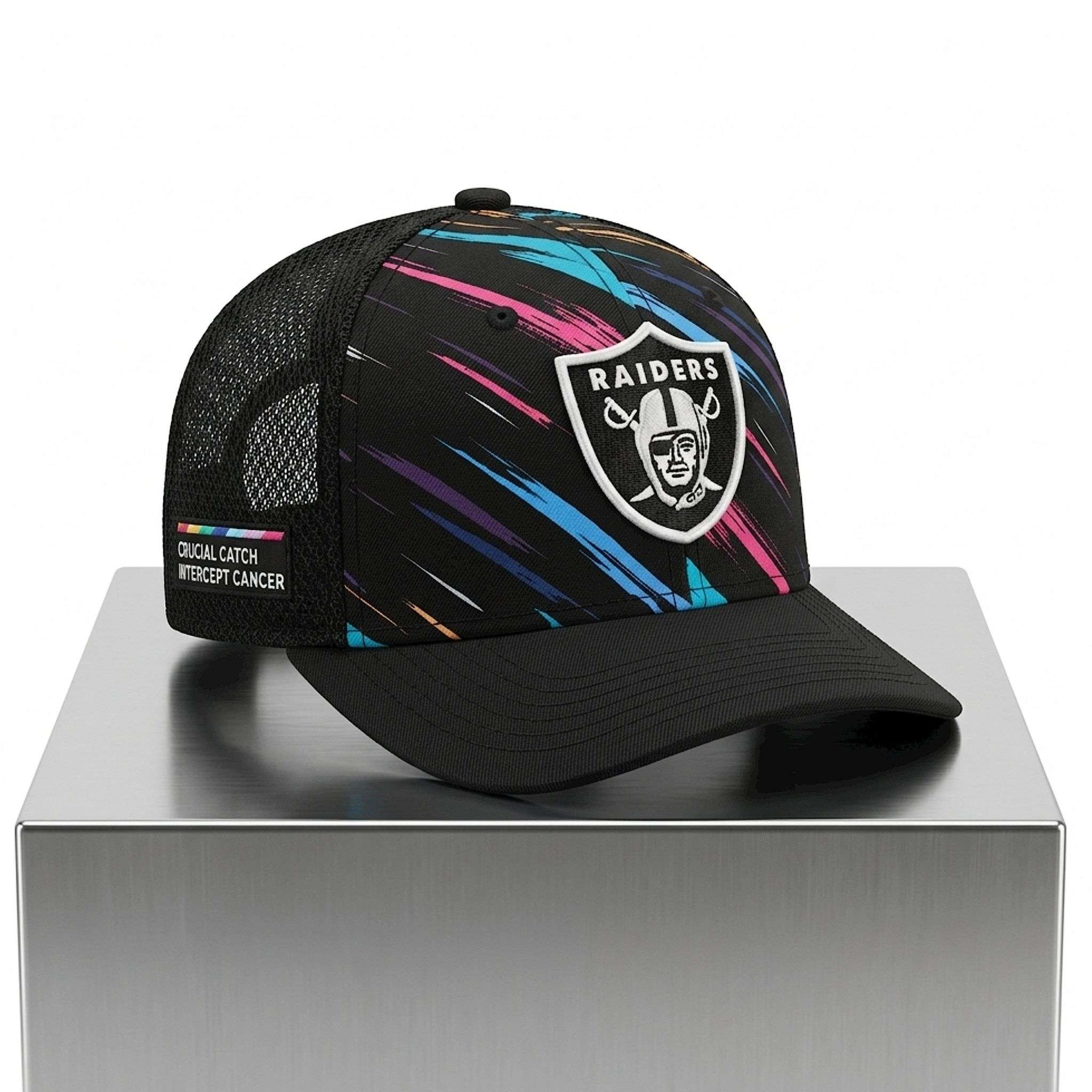Raiders Crucial Catch Intercept Cancer 2026 Hat Embroidered Las Vegas Raiders Merch Fan Gifts