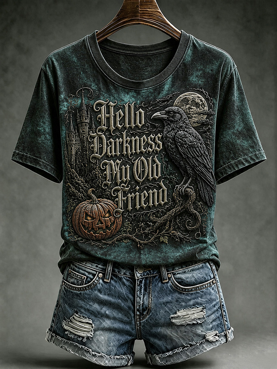 Raven Hello Darkness My Old Friend T-Shirt Halloween Themed Clothes Spooky Gifts For Her Raven Hello Darkness My Old Friend T-Shirt Halloween Themed Clothes Spooky Gifts For Her