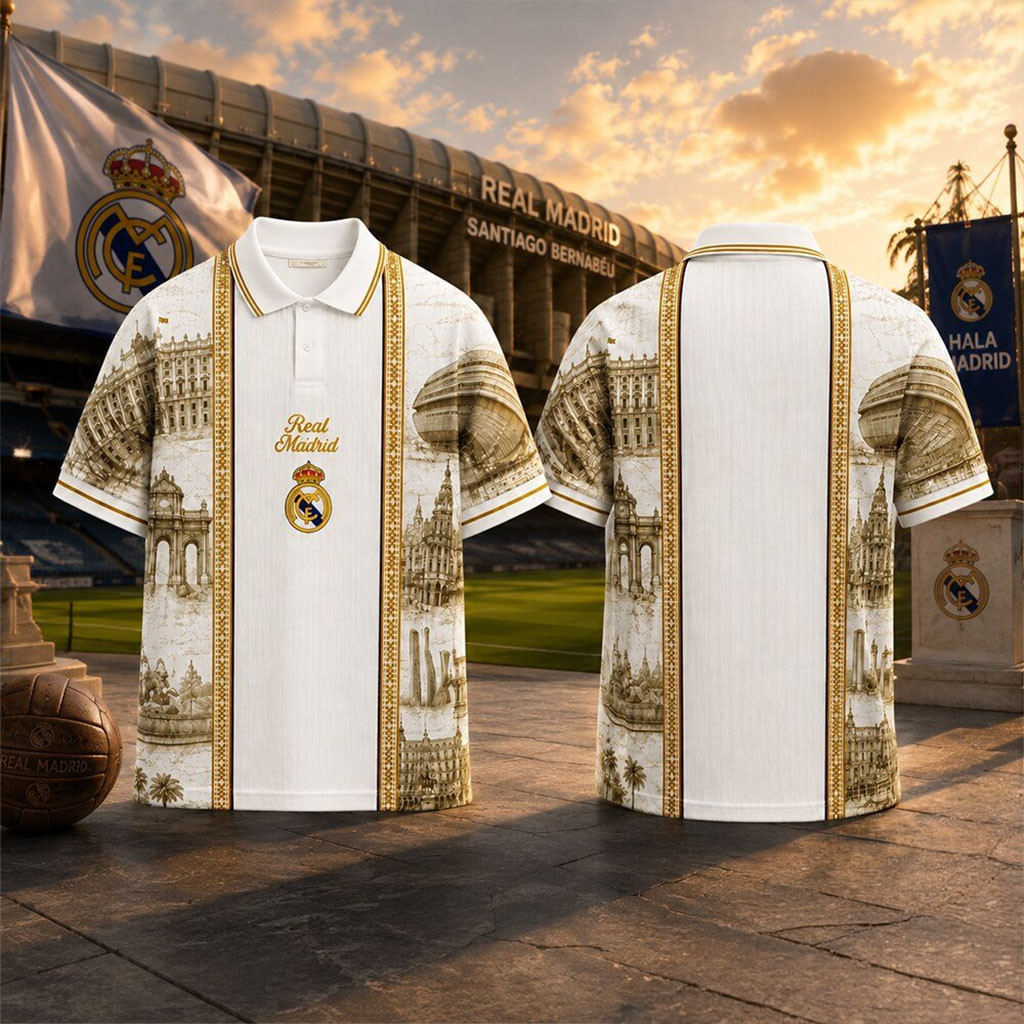 Real Madrid Heritage Toile De Jouy Polo Shirt Real Madrid Merch Gifts For Brother