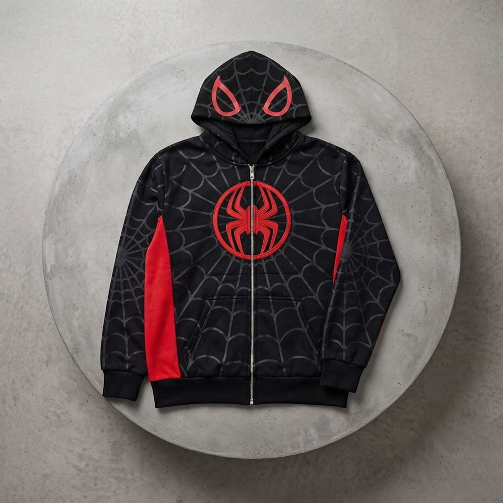 Red Black Spider Web Graphic Full Zip Hoodie Superhero Cosplay Spider Man 2026 Apparel