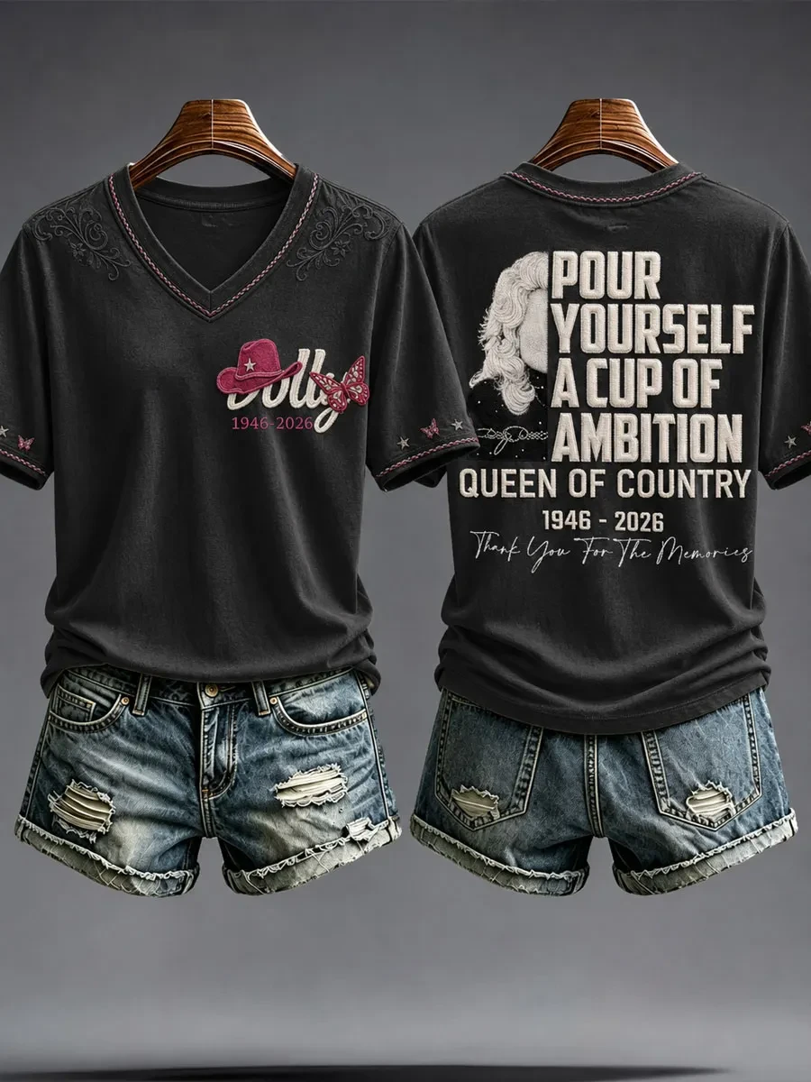 RIP Dolly Parton 1946 2026 V-Neck Shirt Pour Yourself A Cup Of Ambition Queen Of Country Tee