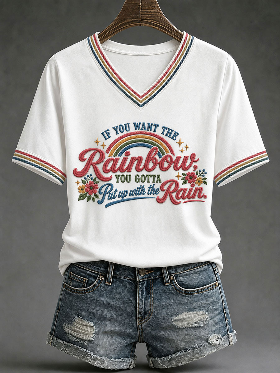 RIP Dolly Parton V-Neck Shirt If You Want The Rainbow You Gotta Put Up With The Rain Tee White