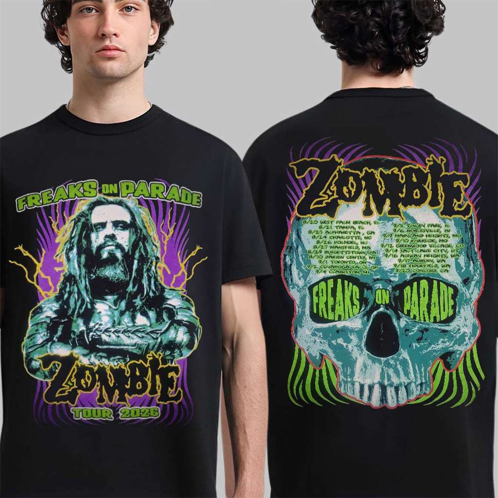 Rob Zombie Freaks On Parade Tour 2026 Portrait With Skull T-Shirt Rob Zombie Merch Fans Gifts
