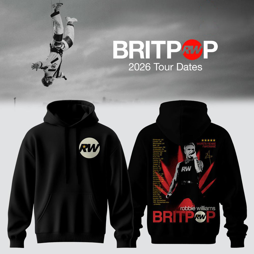 Robbie Williams BRITPOP World Tour 2026 Black Hoodie Robbie Williams Merch Music Fan Gifts