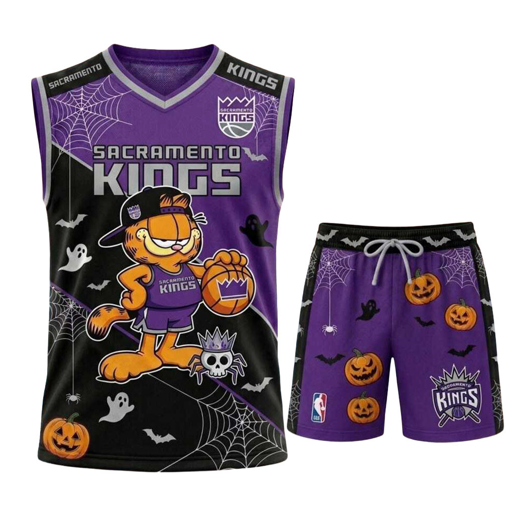 Sacramento Kings Garfield Halloween Basketball V-Neck Muscle Tank And Shorts Kings Merch Sacramento Kings Garfield Halloween Basketball V-Neck Muscle Tank And Shorts Kings Merch