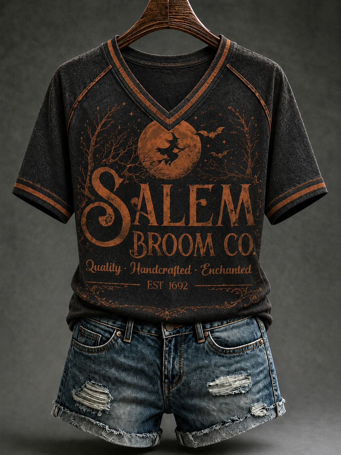 Salem Broom Company V-Neck T-Shirt Quality Handcrafted Enchanted Shirt Halloween Gifts Salem Broom Company V-Neck T-Shirt Quality Handcrafted Enchanted Shirt Halloween Gifts