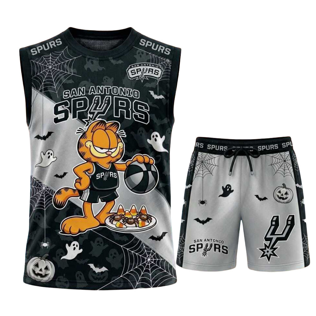 San Antonio Spurs Garfield Halloween Basketball Muscle Tank And Shorts Spurs Merch Him Gifts