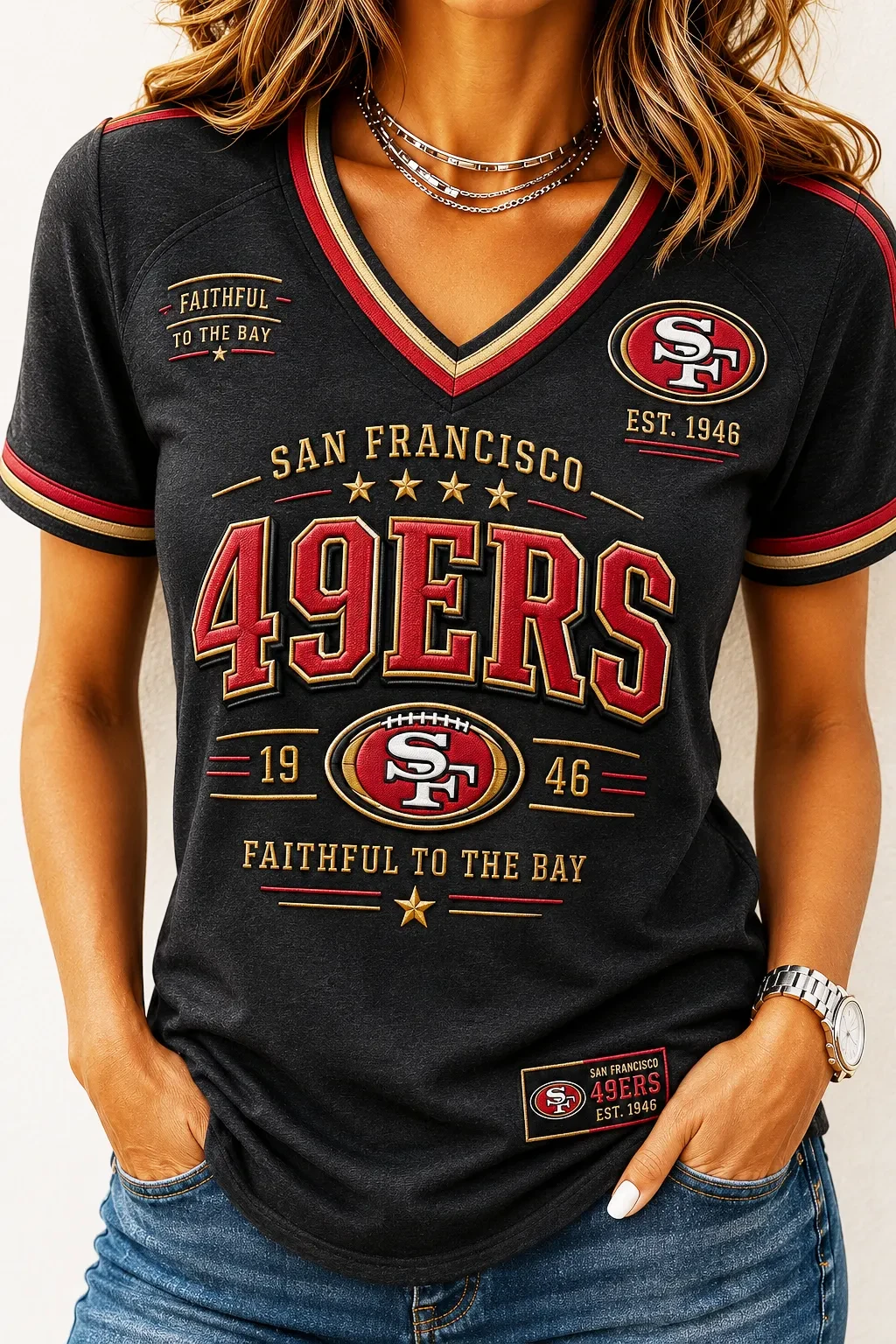 San Francisco 49ers Faithful To The Bay V-Neck Shirt 49ers Merch Game Day T-Shirt Football Gear