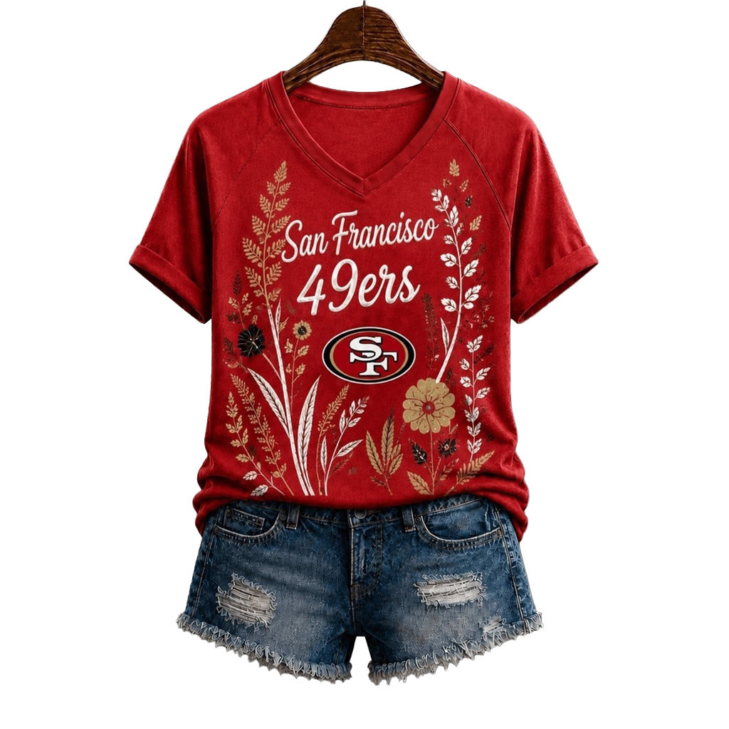 San Francisco 49ers Floral Garden V-Neck T-Shirt 49ers Merch Football Fan Gift Ideas
