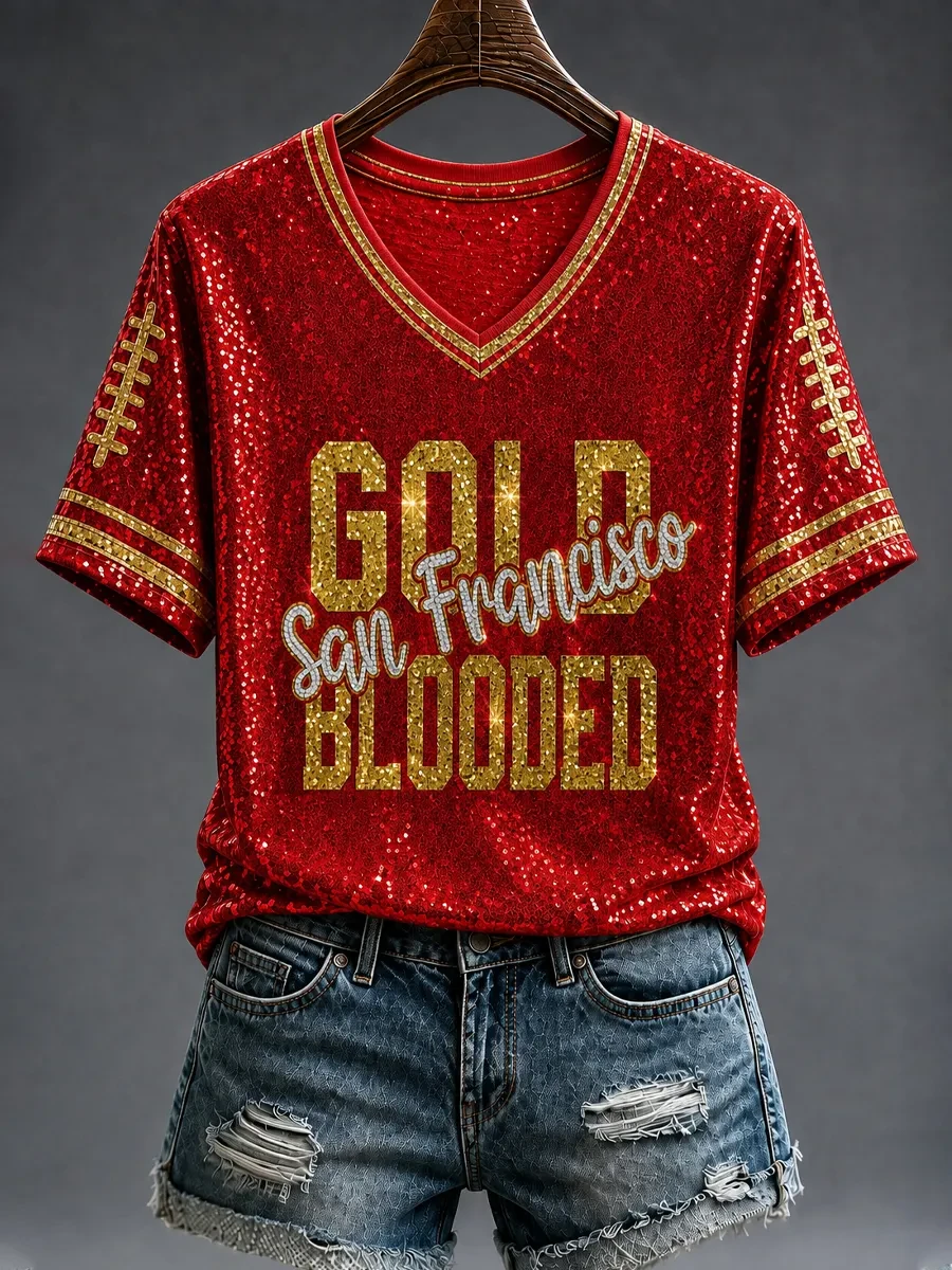 San Francisco 49ers Football Game Day V-Neck Shirt Gold Blooded SF 49ers Merch Gifts For Fan