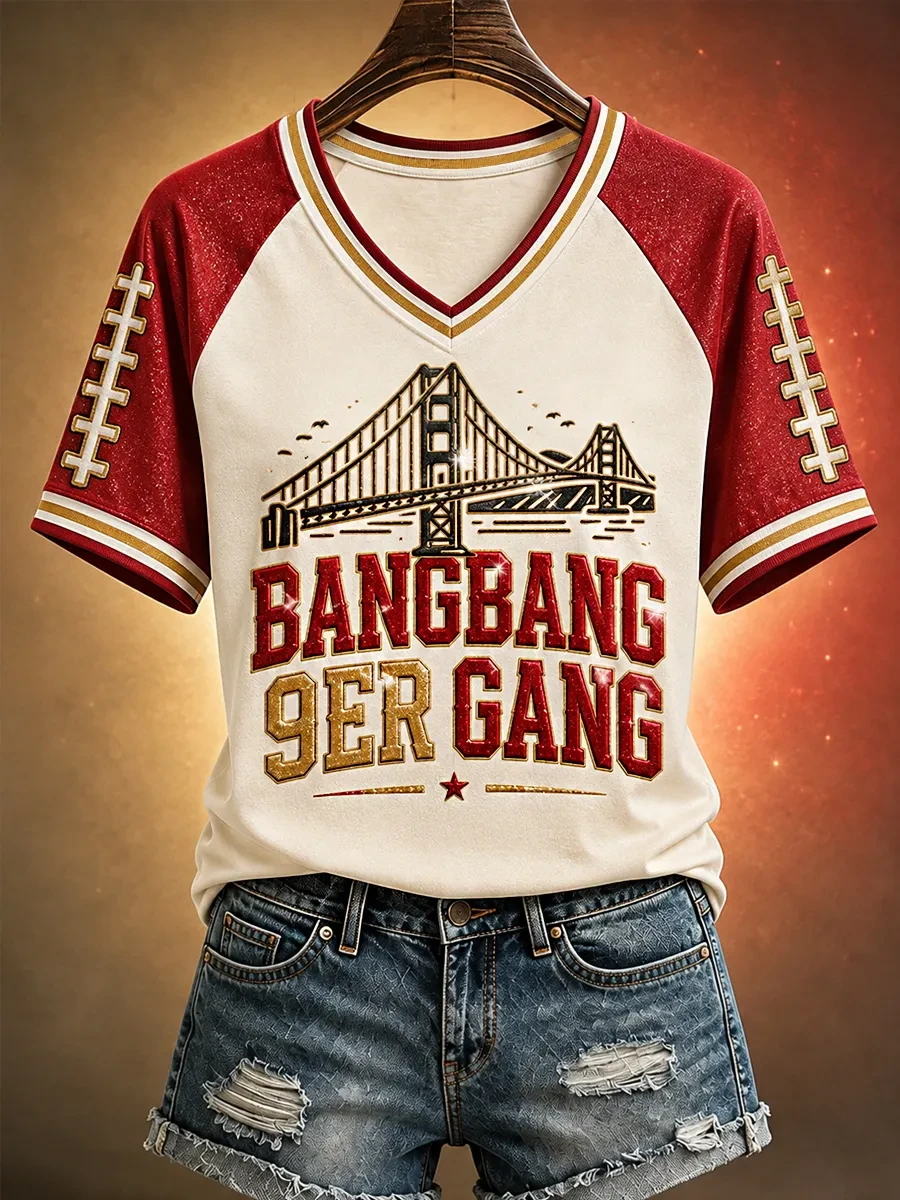 San Francisco 49ers Merch Bang Bang 9er Gang Football V-neck T-Shirt Gameday Gift For Fans San Francisco 49ers Merch Bang Bang 9er Gang Football V-neck T-Shirt Gameday Gift For Fans