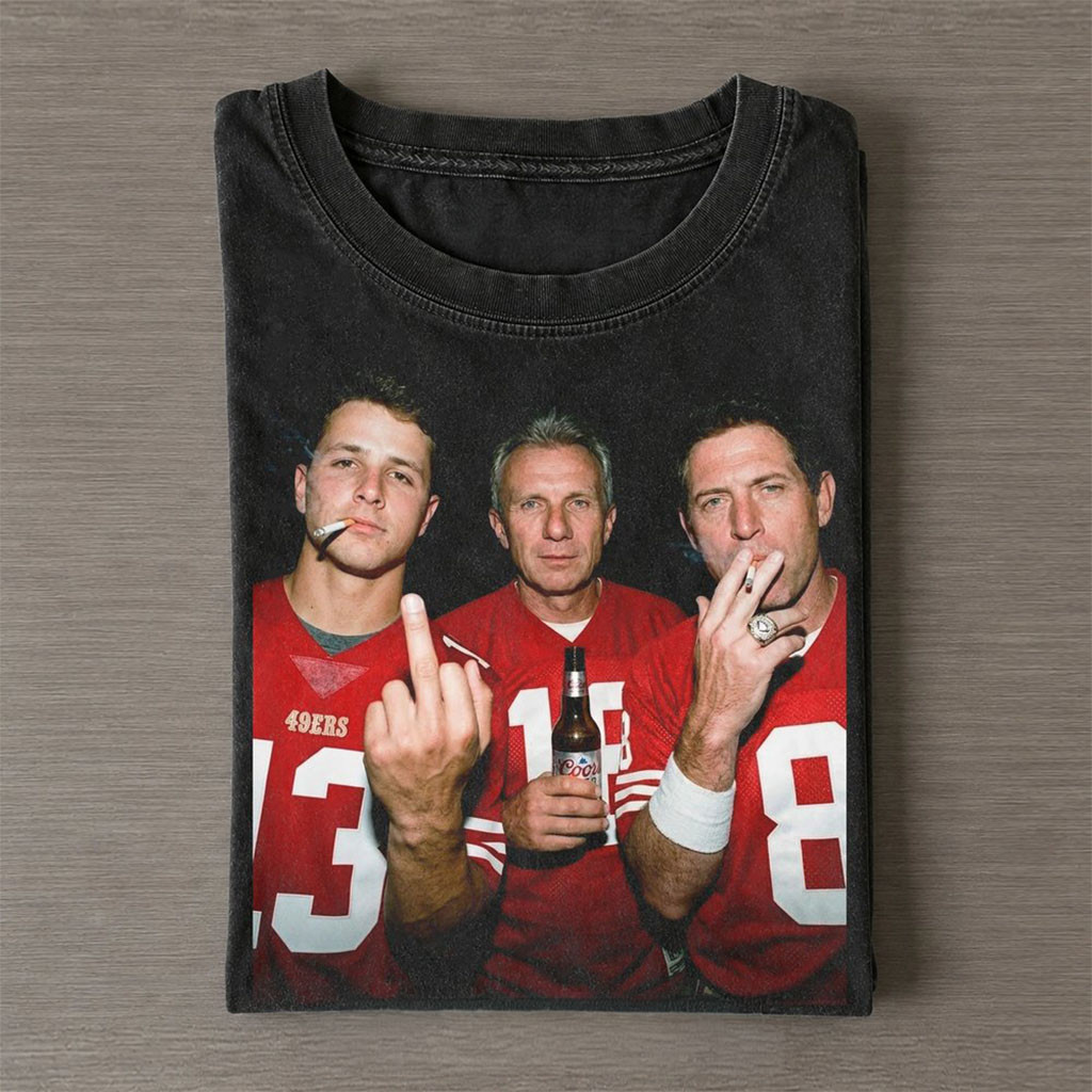 San Francisco 49ers Merch Brock Purdy Joe Montana And Steve Young Drinking And Middle Finger Shirt