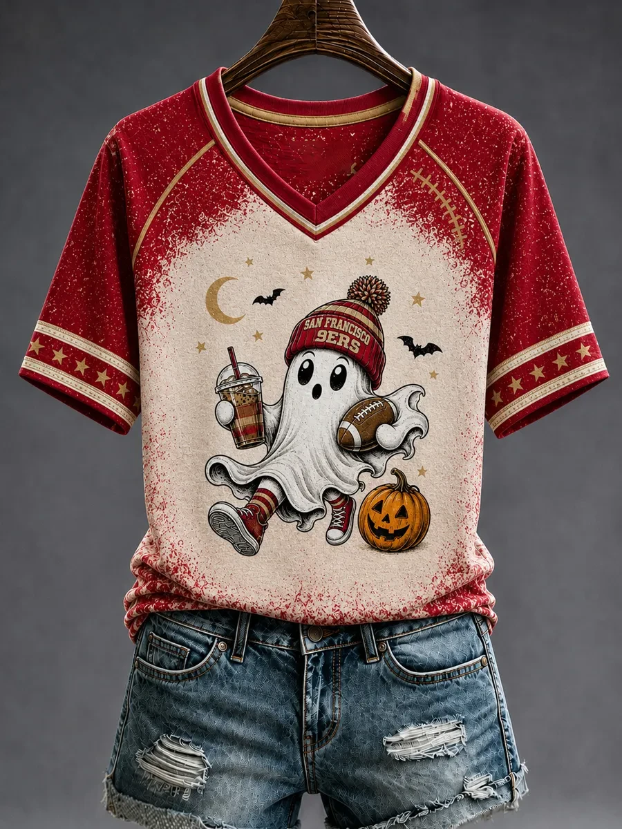 San Francisco 49ers Merch Cute Boo San Francisco Football Game Day V-Neck T-Shirt Halloween Gifts San Francisco 49ers Merch Cute Boo San Francisco Football Game Day V-Neck T-Shirt Halloween Gifts