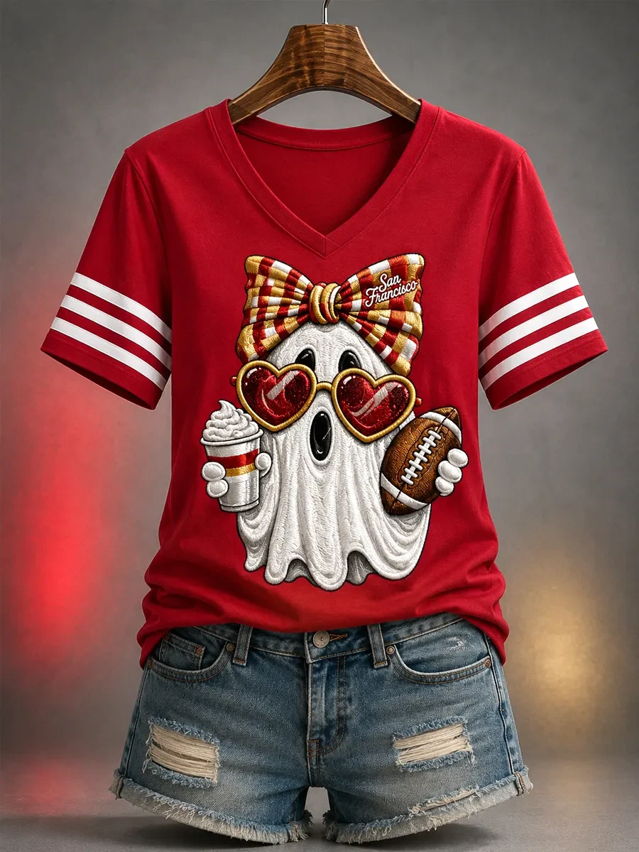 San Francisco 49ers Merch Cute Ghost San Francisco Football V-Neck T-Shirt Halloween Gifts San Francisco 49ers Merch Cute Ghost San Francisco Football V-Neck T-Shirt Halloween Gifts