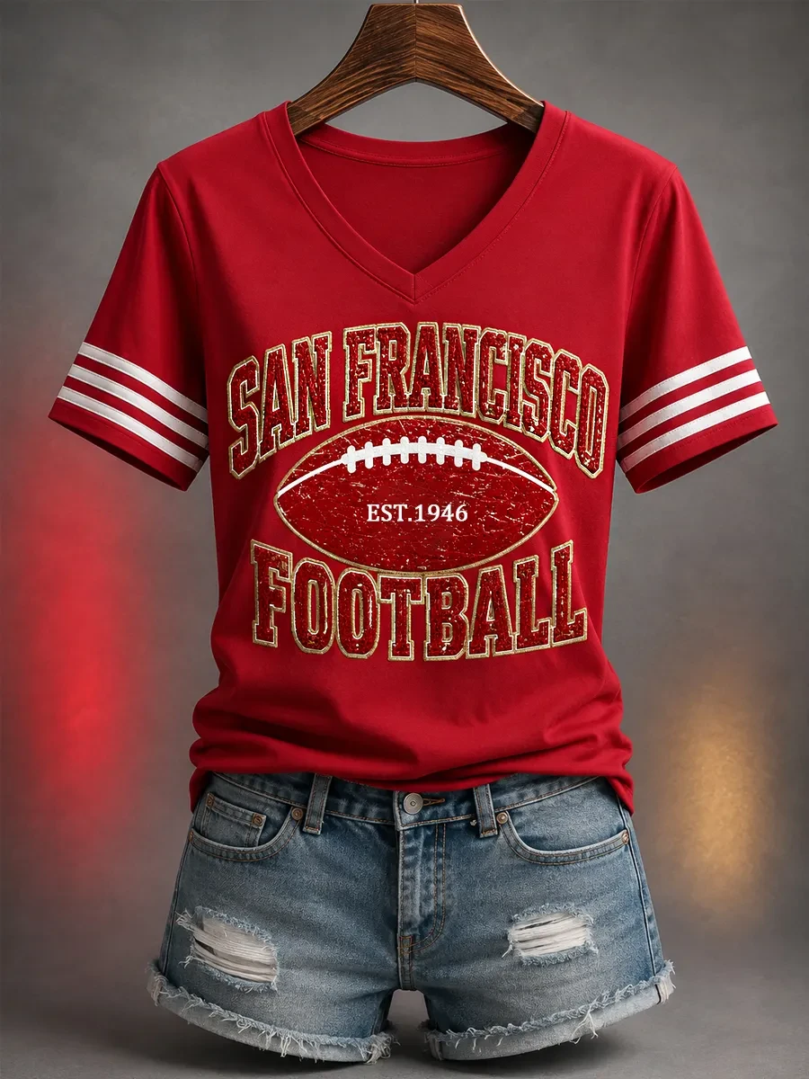 San Francisco 49ers Merch Est 1946 San Francisco Football V-Neck T-Shirt Game Day Gifts for Her