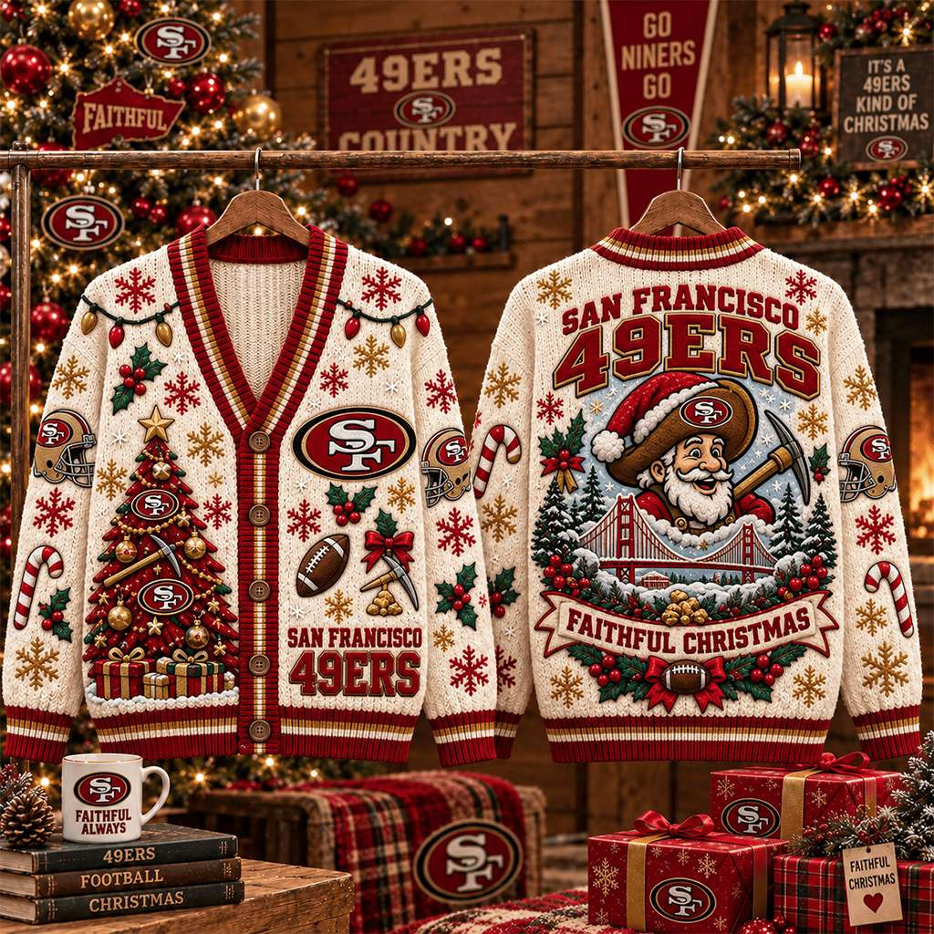 San Francisco 49ers Merch Faithful Christmas Cardigan Football Game Day Attire Gift For Fans San Francisco 49ers Merch Faithful Christmas Cardigan Football Game Day Attire Gift For Fans