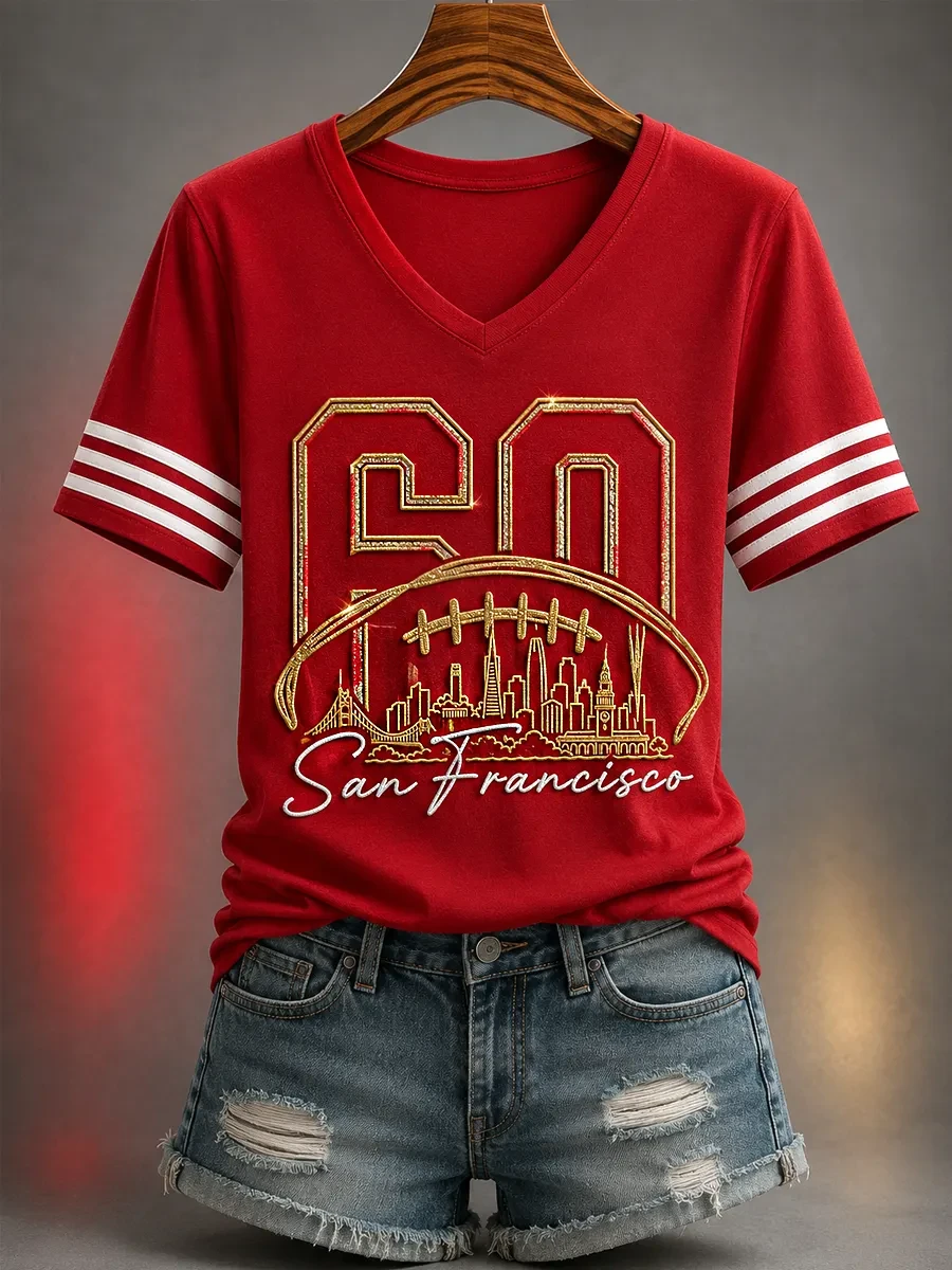 San Francisco 49ers Merch Go San Francisco Football V-Neck T-Shirt Game Day Gifts for Wife San Francisco 49ers Merch Go San Francisco Football V-Neck T-Shirt Game Day Gifts for Wife