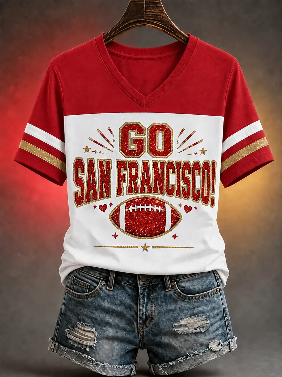 San Francisco 49ers Merch Go San Francisco Football V-neck T-Shirt Gameday Apparel Fan Gifts