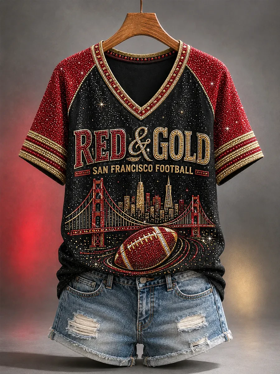 San Francisco 49ers Merch Red And Gold San Francisco Football Game Day V-Neck T-Shirt Women