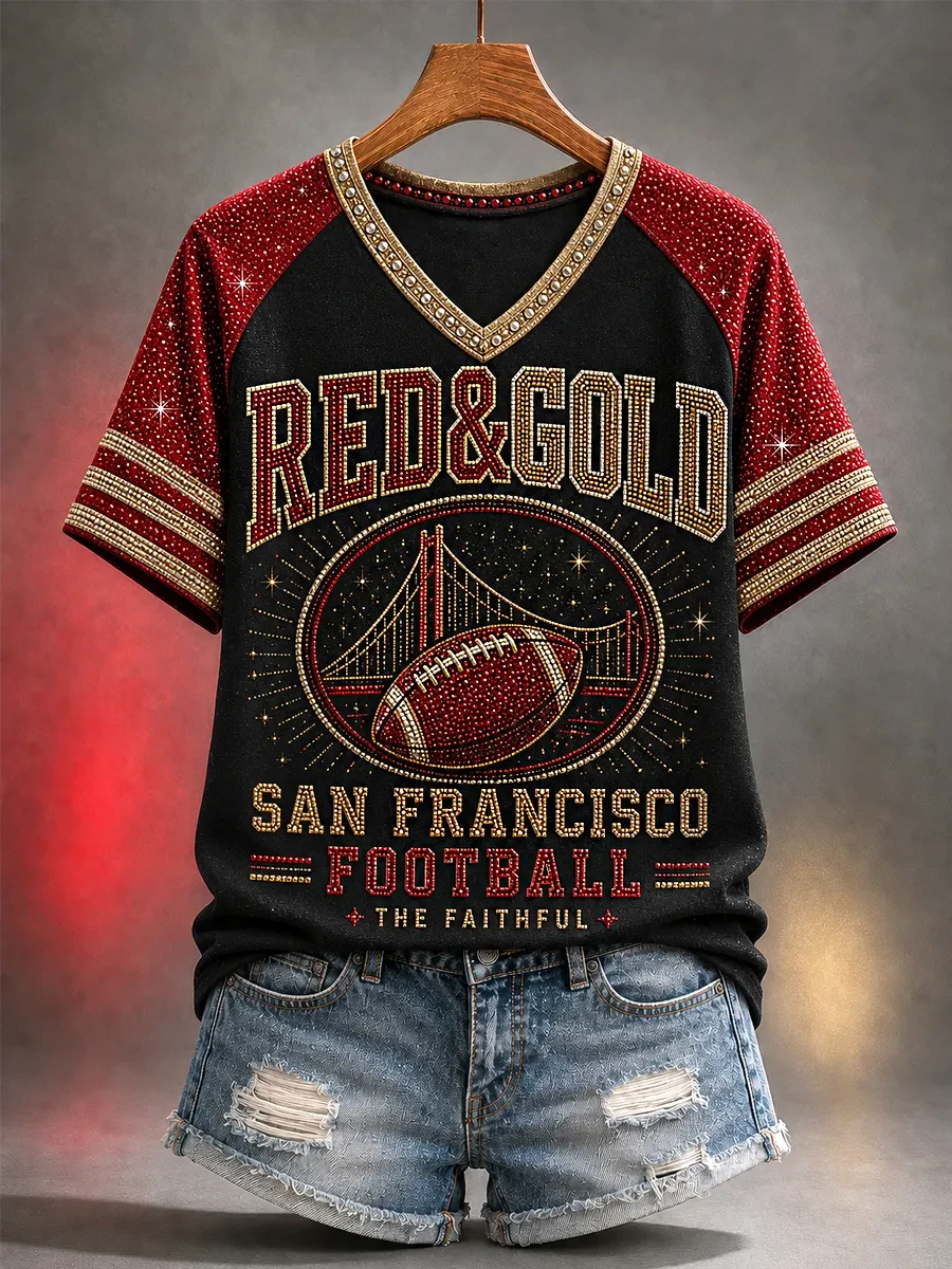 San Francisco 49ers Merch Red And Gold San Francisco Football The Faithful V-Neck T-Shirt Women