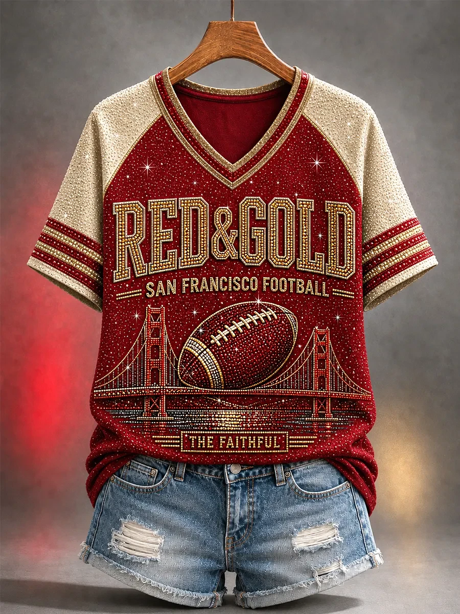 San Francisco 49ers Merch Red And Gold San Francisco Football V-Neck T-Shirt The Faithful Tee San Francisco 49ers Merch Red And Gold San Francisco Football V-Neck T-Shirt The Faithful Tee