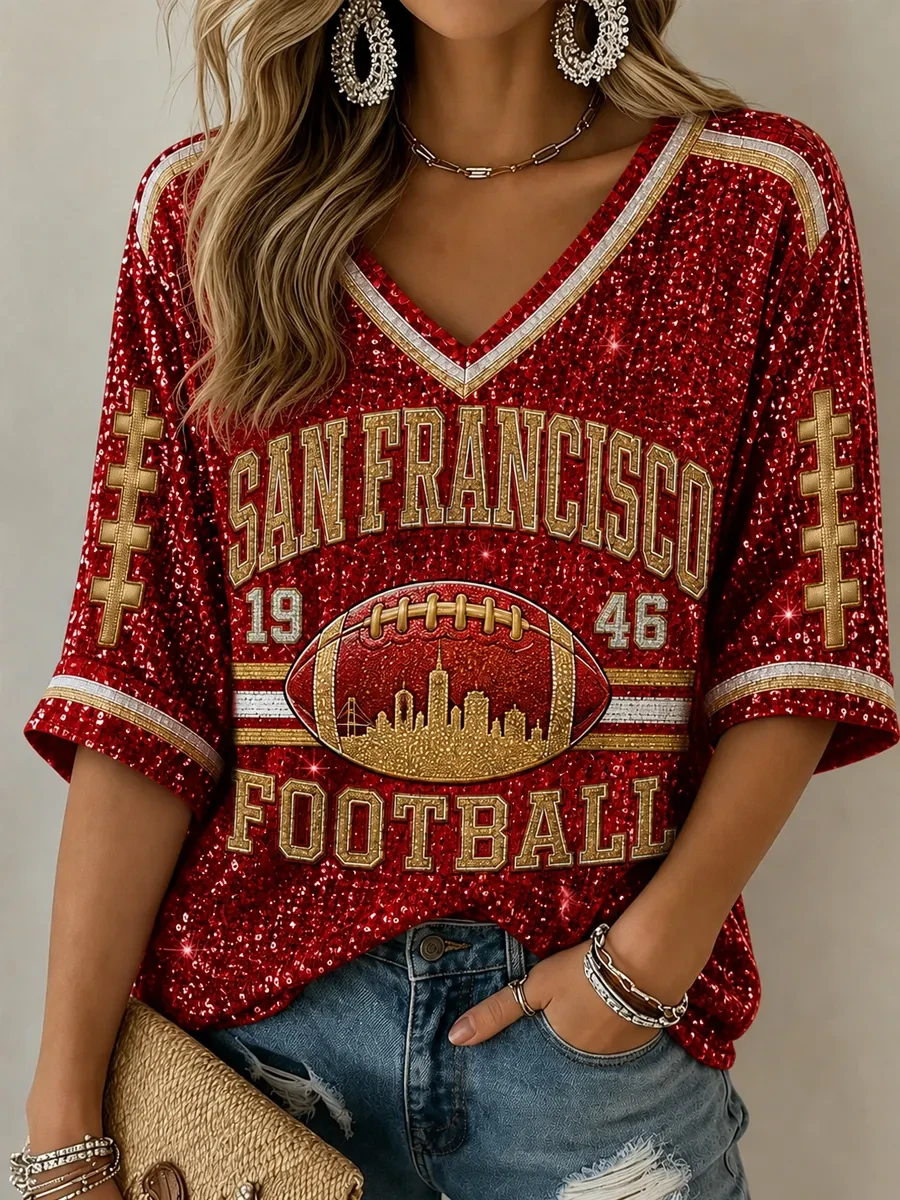 San Francisco 49ers Merch Red And Gold SF Football Crop Sleeve V-Neck Shirt The Faithful Shirt