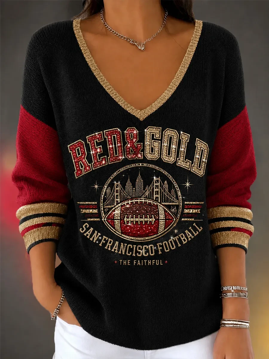 San Francisco 49ers Merch Red And Gold SF Football Long Sleeve V-Neck Sweater The Faithful Shirt San Francisco 49ers Merch Red And Gold SF Football Long Sleeve V-Neck Sweater The Faithful Shirt