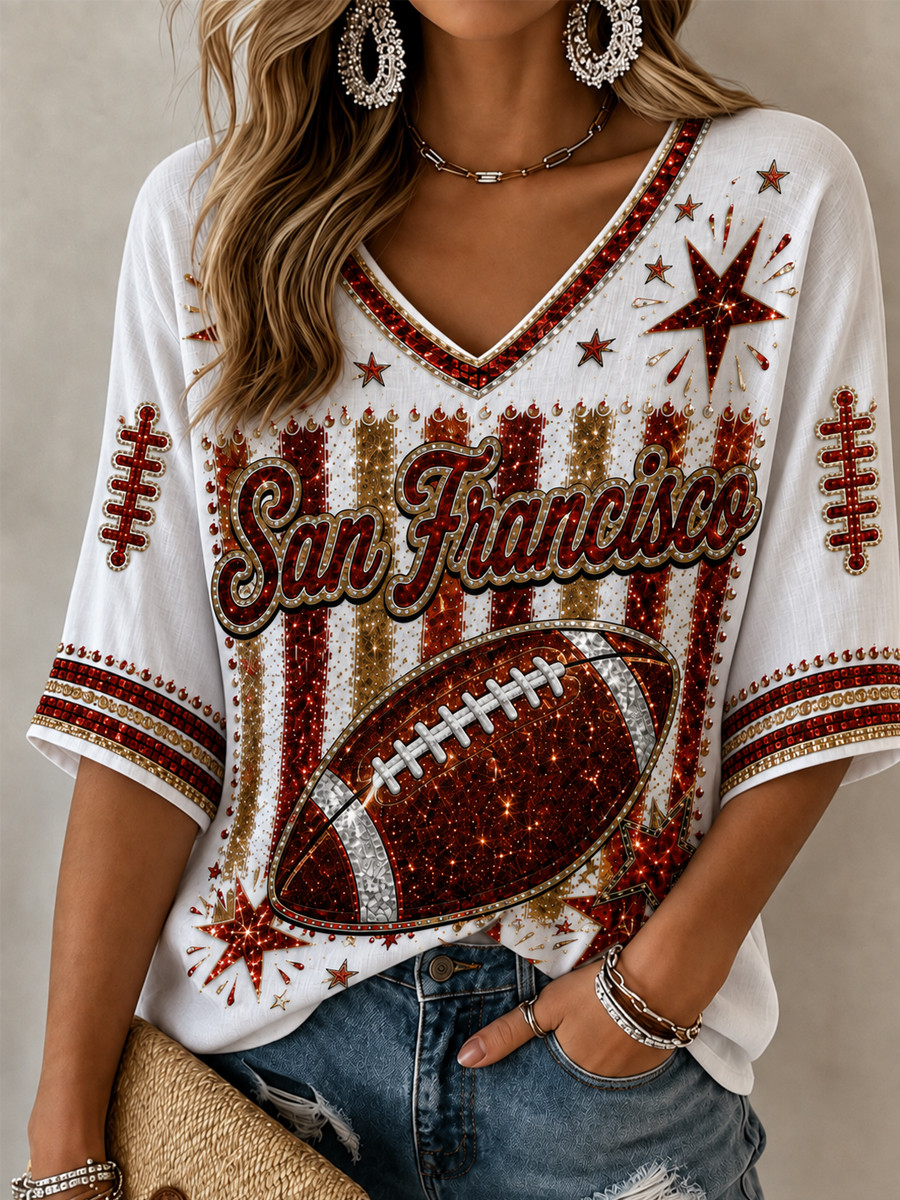 San Francisco 49ers Merch San Francisco Football Crop Sleeve V-Neck Shirt The Faithful Shirt
