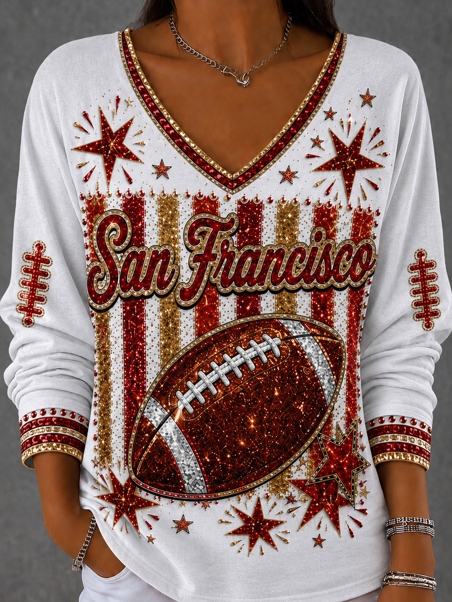 San Francisco 49ers Merch San Francisco Football Long Sleeve V-Neck Shirt Game Day Shirt