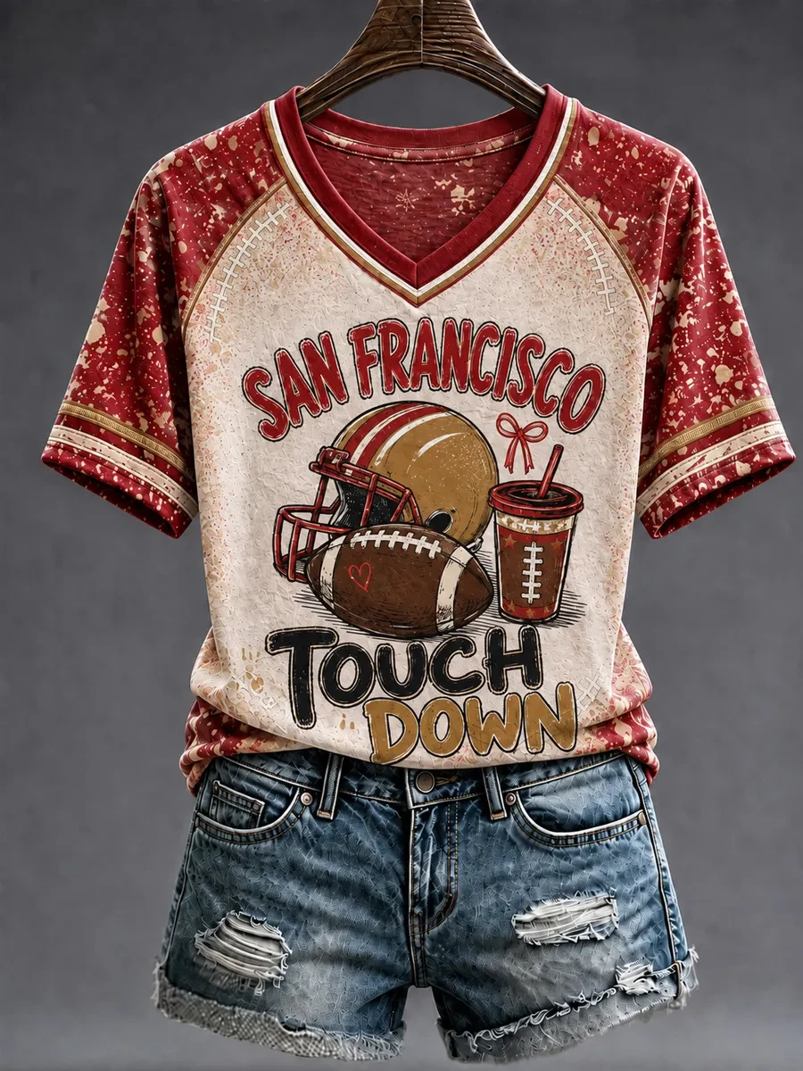San Francisco 49ers Merch San Francisco Touch Down V-Neck T-Shirt Game Day Gifts for Girlfriend