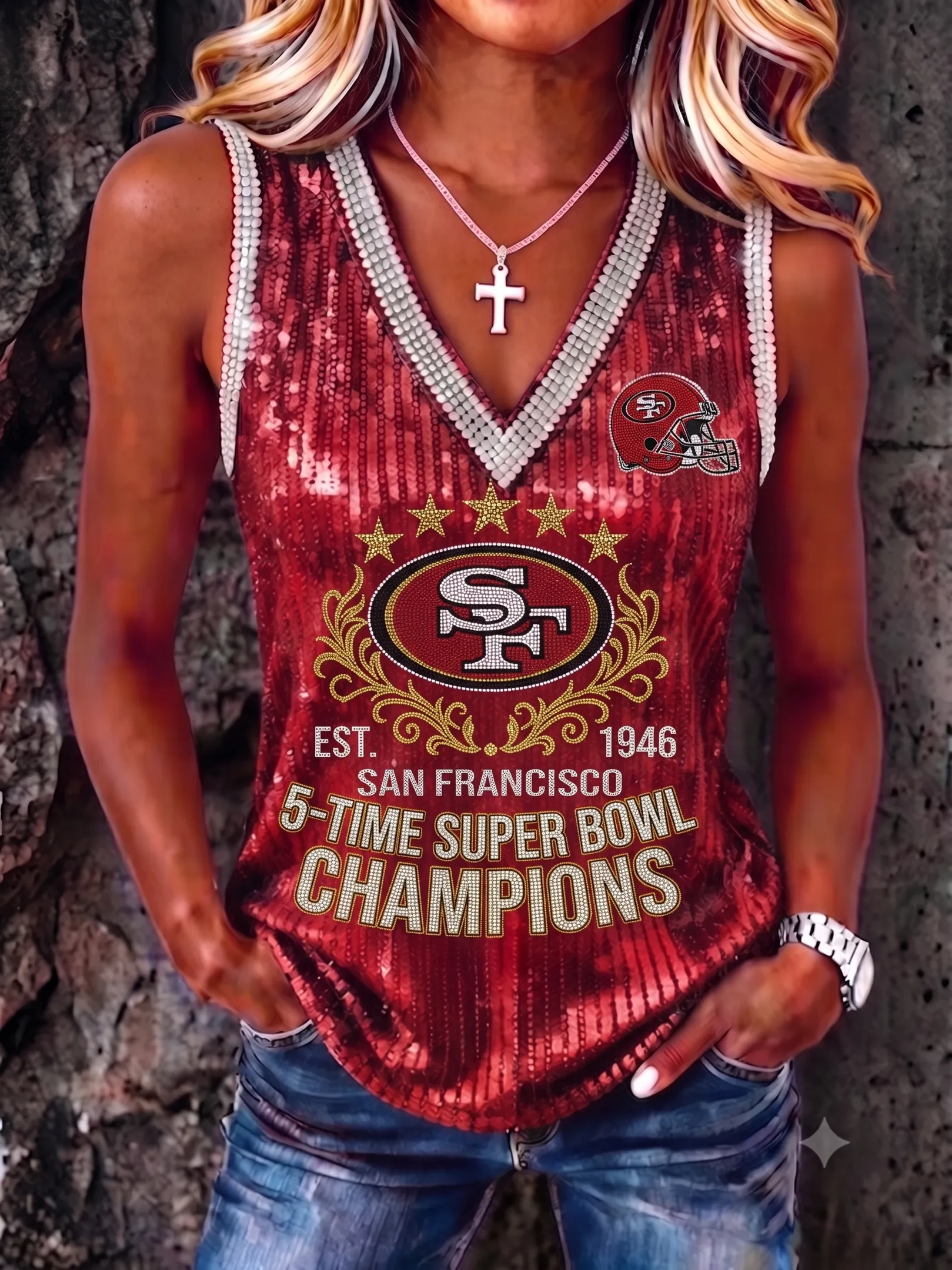 San Francisco 49ers Merch SF Football 5 Time Super Bowl Champions V-Neck Tank Game Day Gifts