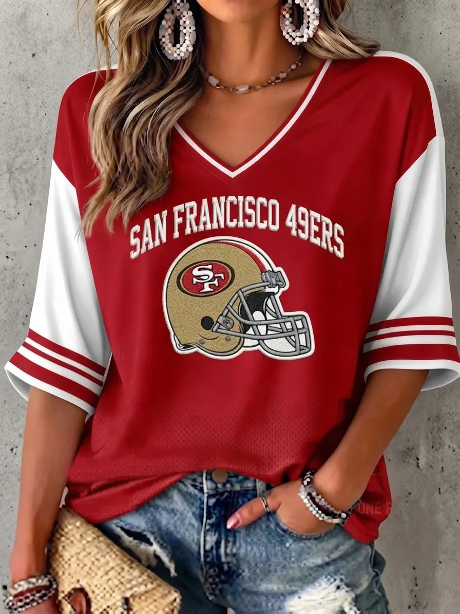 San Francisco 49ers Merch SF Football Crop Sleeve V-Neck Shirt Game Day Gear Presents For Her