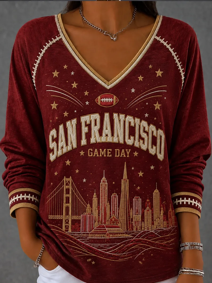San Francisco 49ers Merch SF Football Game Day Long Sleeve V-Neck Shirt Gifts For Football Fan