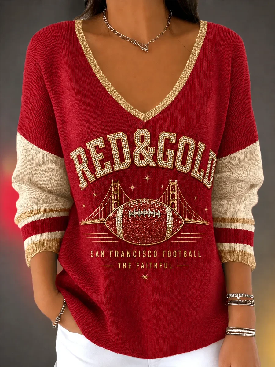 San Francisco 49ers Merch SF Football Game Day Long Sleeve V-Neck Sweater The Faithful Gear San Francisco 49ers Merch SF Football Game Day Long Sleeve V-Neck Sweater The Faithful Gear