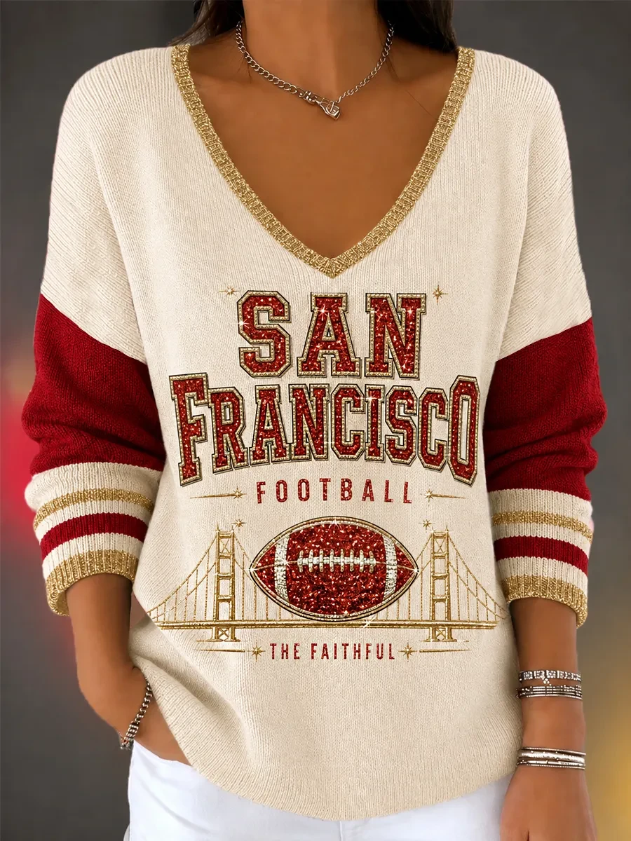San Francisco 49ers Merch SF Football The Faithful Long Sleeve V-Neck Sweater Game Day Gifts
