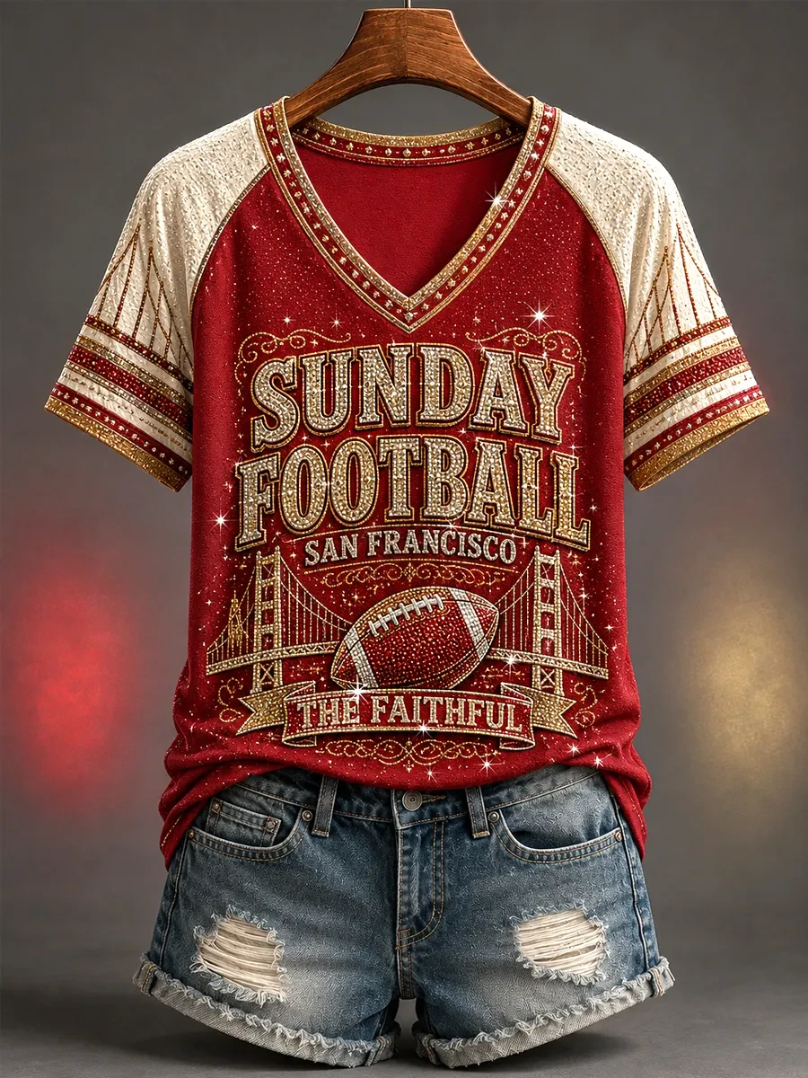 San Francisco 49ers Merch Sunday Football San Francisco V-Neck T-Shirt The Faithful Apparel