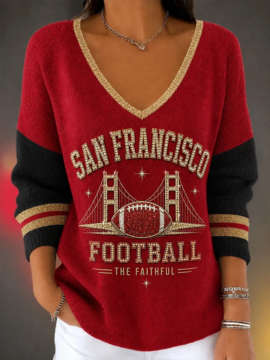 San Francisco 49ers Merch The Faithful SF Football Long Sleeve V-Neck Sweater Game Day Gear