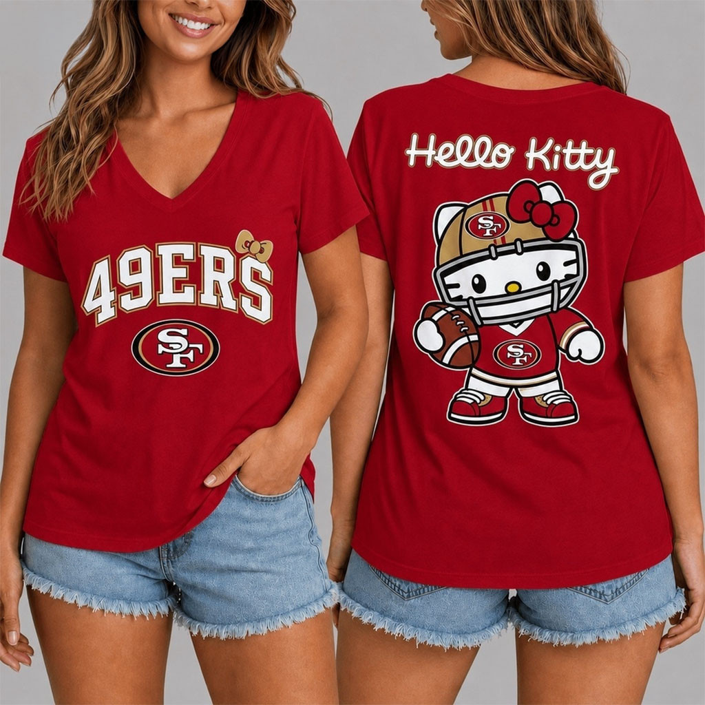 San Francisco 49ers X Hello Kitty V-Neck Shirt Women's Game Day Apparel SF 49ers Merch